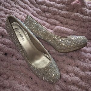 Silver Slipper Embellished Champagne Heels